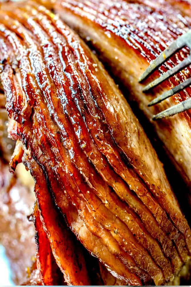 up close of slices of honey baked ham