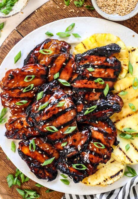 top view of teriyaki chicken on a plate showing the juicy chicken and teriyaki sauce