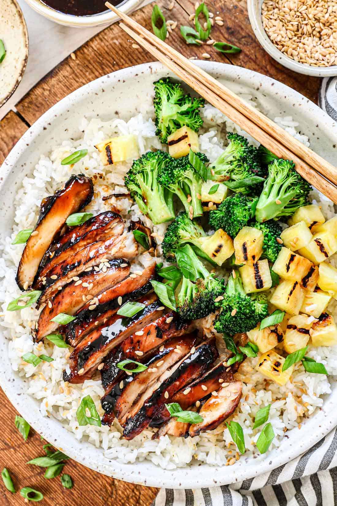 top view of showing how to serve best teriyaki chicken recipe with rice, pineapple and broccoli