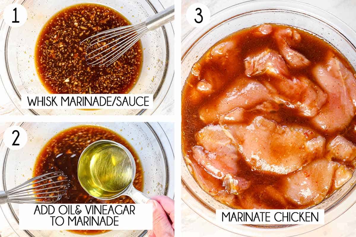 a collage showing how to make teriyaki chicken by whisking the teriyaki marinade together, then adding olive oil and vinegar to the teriyaki sauce, then marinate the chicken
