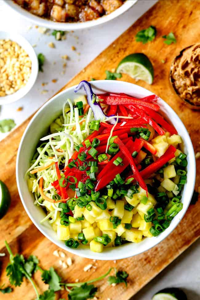 top view of showing how to make slaw topping for Thai Chicken Tacos