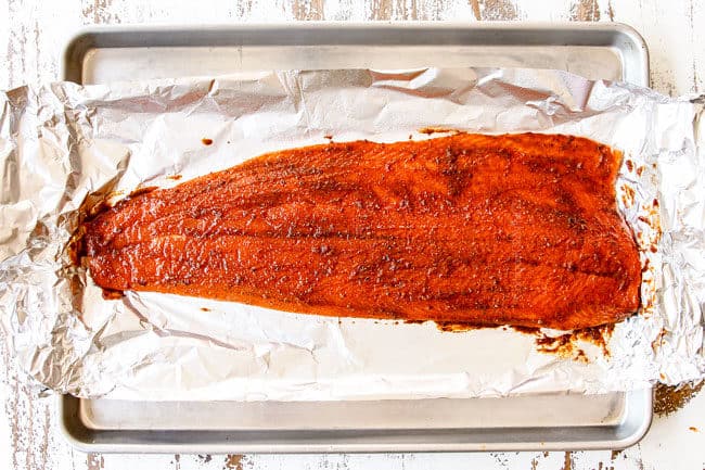 top view showing how to make salmon with mango salsaa