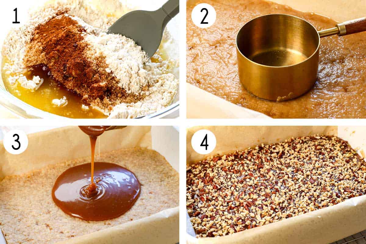a collage showing how to make Apple Cheesecake Bars by mixing flour, sugar, butter, cinnamon together, pressing it into a 9x13 pan, baking, spreading with caramel sauce, then sprinkling with toffee and pecans