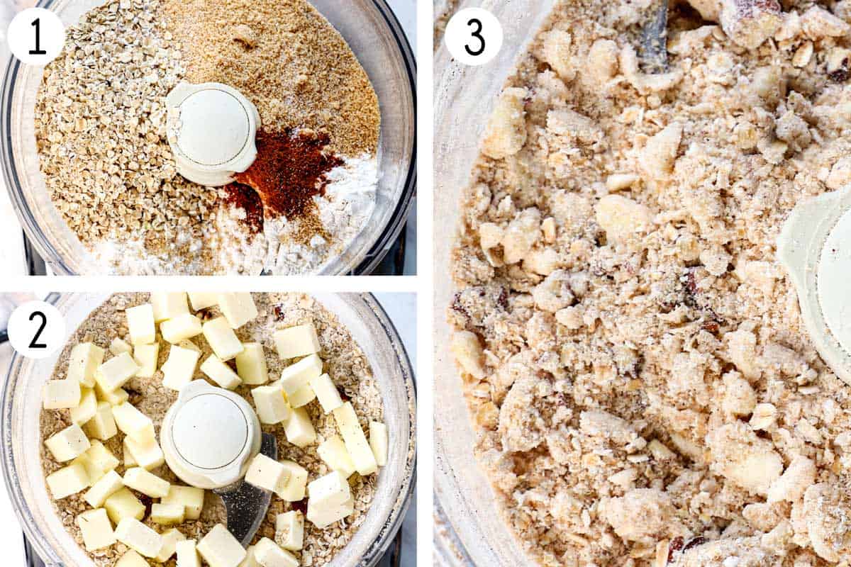 a collage showing how to make Apple Cheesecake Bars by making the streusel by pulsing pecans, oats, flour, sugar, and cinnamon in food processor, then pulsing with butter to resemble pea size crumbs