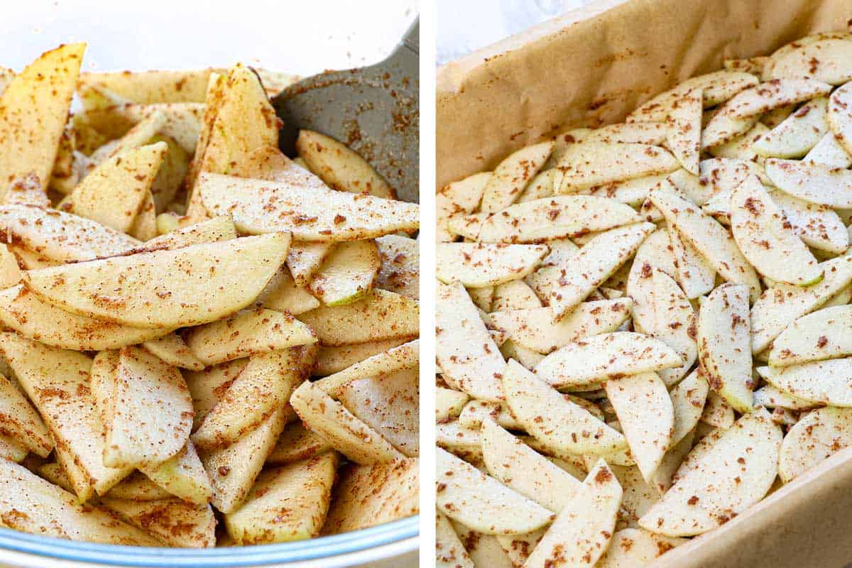 a collage showing how to make Apple Cheesecake Bars by mixing the sliced apples with melted butter, brown sugar, cinnamon, flour, then spreading the apples over the pecan/toffee crust