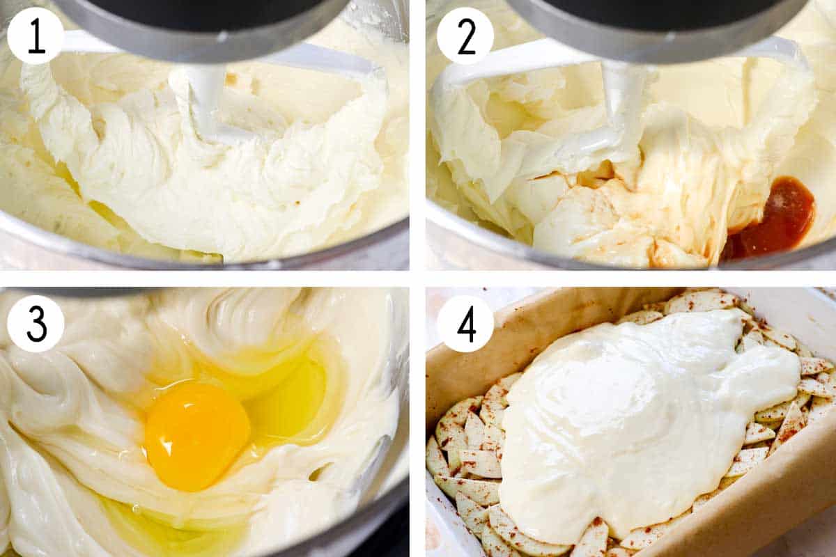 a collage showing how to make Apple Cheesecake Bars by making cheesecake layer by mixing cream cheese until fluffy, adding sugar, adding sour cream, vanilla and lemon juice, then mixing eggs, then spreading over the apples