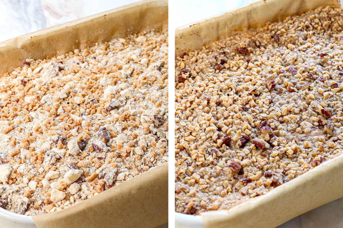 a collage showing how to make Apple Cheesecake Bars by topping with the streusel then baking