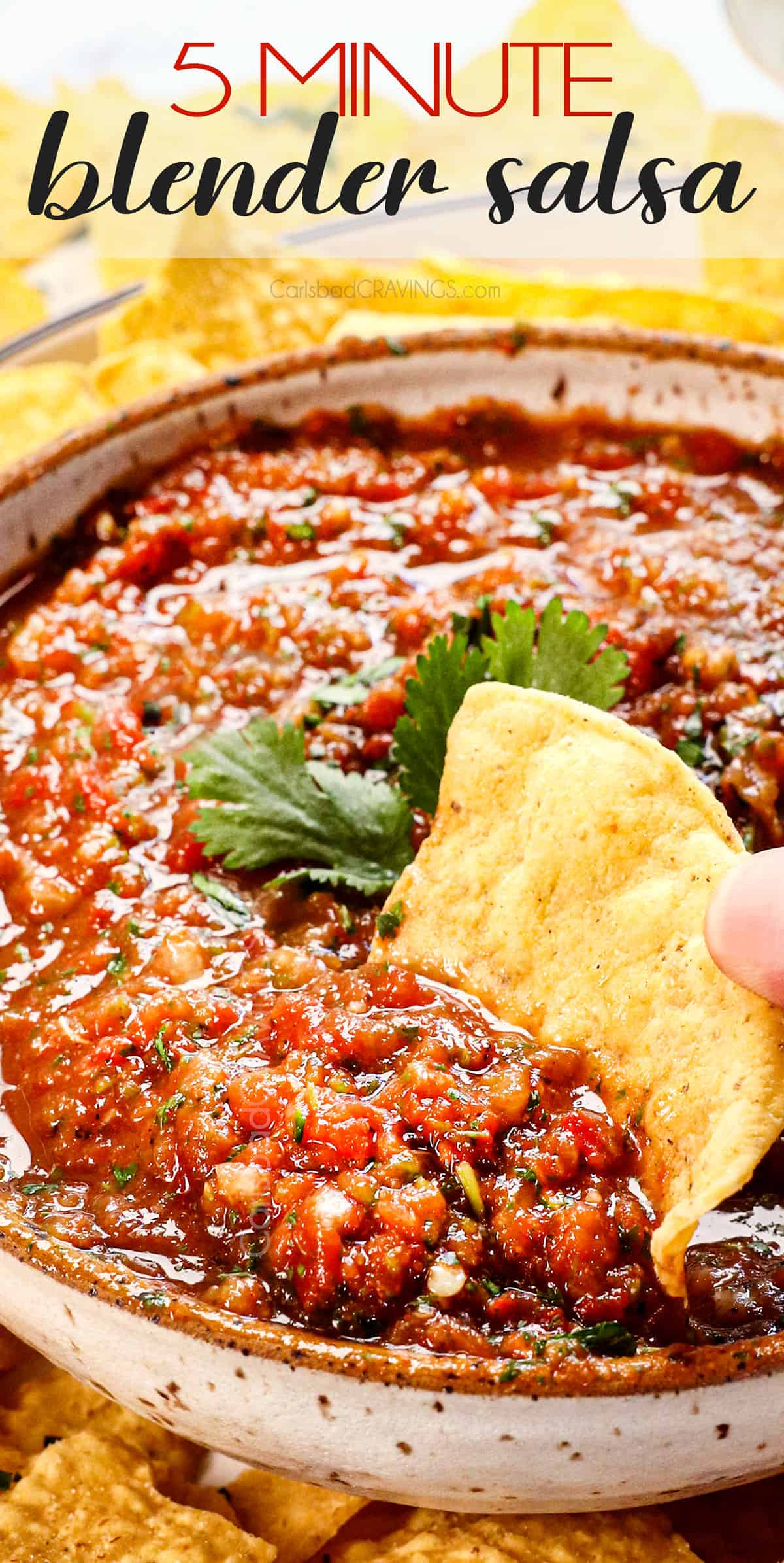 a chip dipping into the best homemade salsa recipe