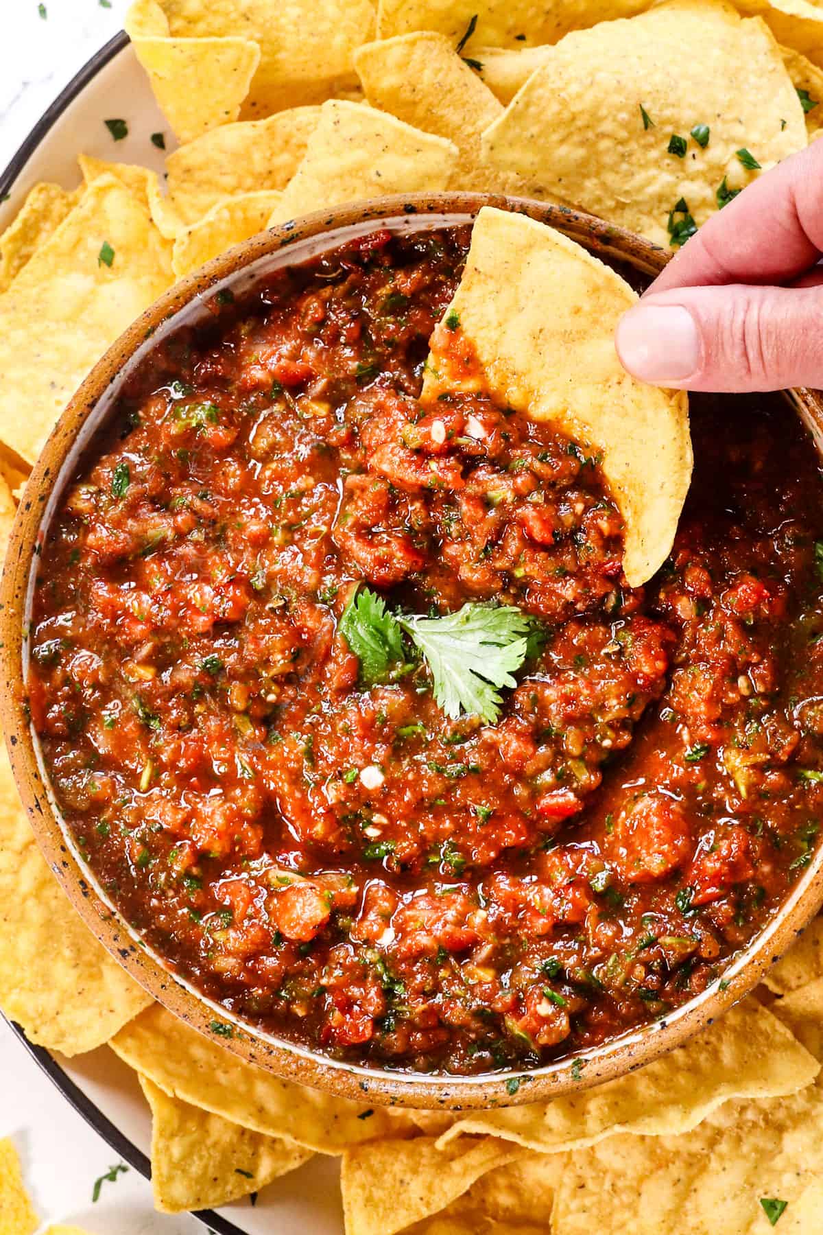 top view of homemade salsa recipe served in a bowl