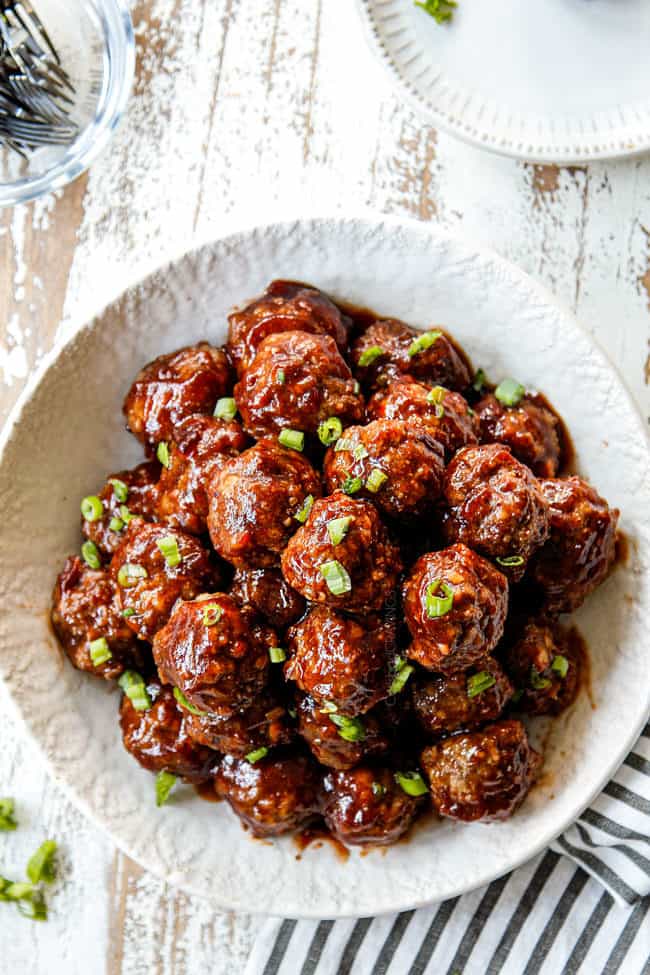 top view of easy cranberry meatballs with cranberry sauce