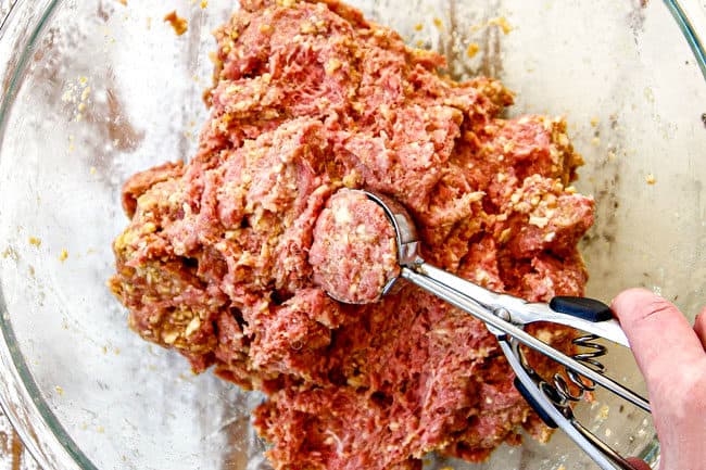 showing how to make cranberry meatballs by using a cookie scoop to make uniform meatballs