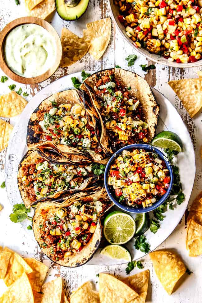 top view of Mexican Pork Tacos on a white platter