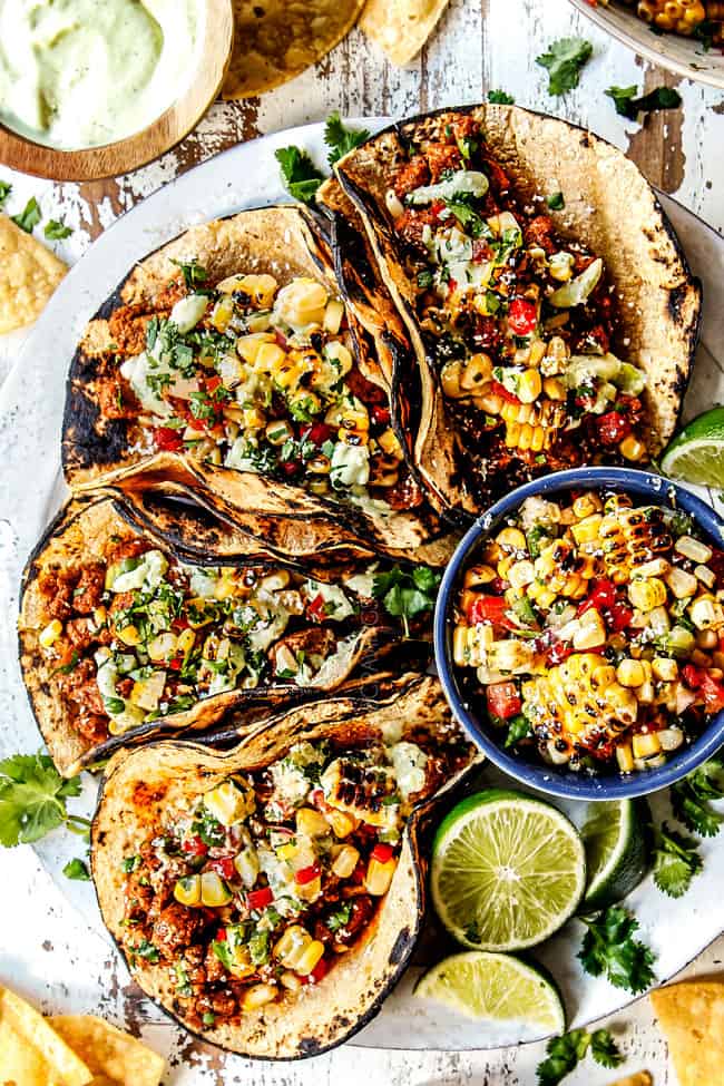 quick and easy PORK TACOS with Corn Salsa & Avocado Crema