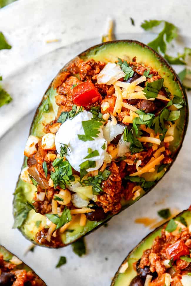 top view of healthy  stuffed avocados 