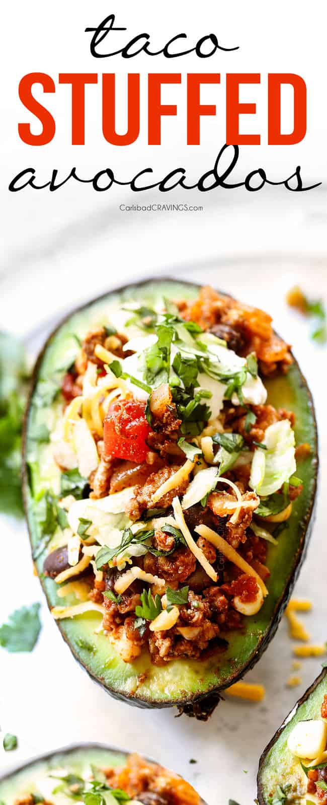 front up close view of easy stuffed avocados 