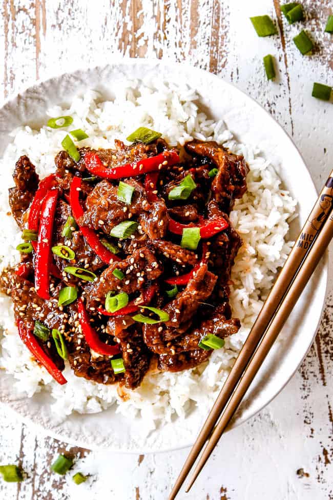 top view of Beef Szechuan style over rice