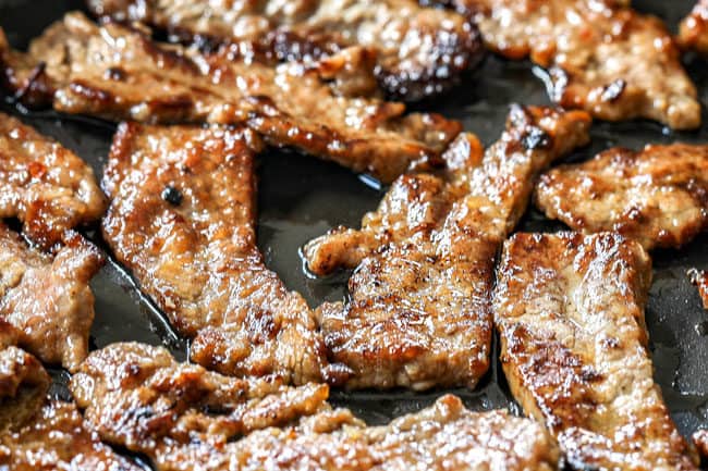 showing how to make Szechuan Beef by cooking until crispy in skillet