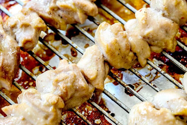 showing how to make yakitori by baking in the oven before basting
