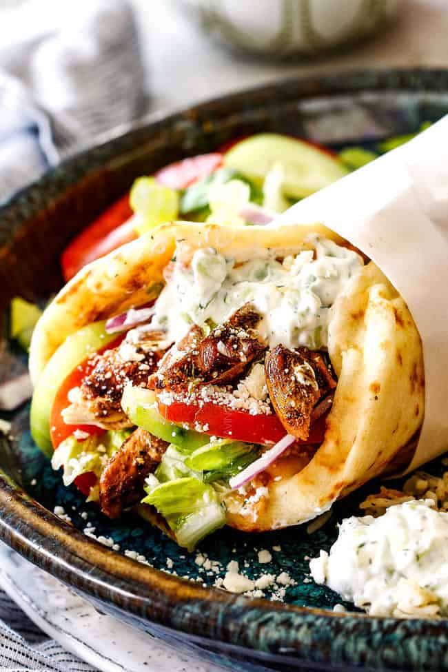 up close of Greek chicken gyro on a plate