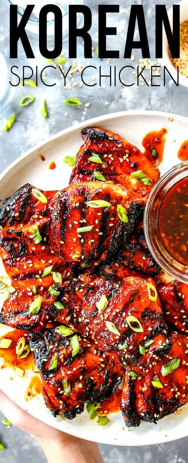 top view of Korean Chicken garnisheed with sesame seeds and green onions