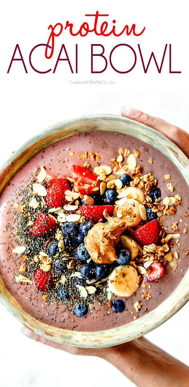 top view holding a protein acai bowl recipe
