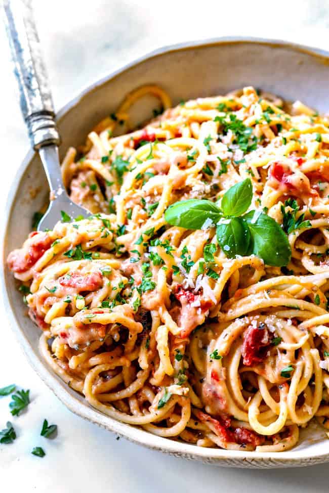 up close of a bowl of easy chicken spaghetti recipe