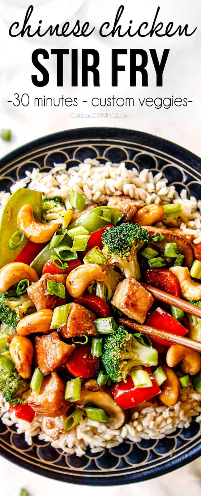top view of chicken stir fry recipe with Chinese chicken and broccoli