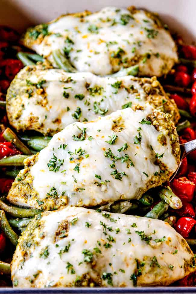 easy pesto chicken bake with chicken lined up in a 9x13 baking dish with mozzarella cheese, green beans and tomatoes