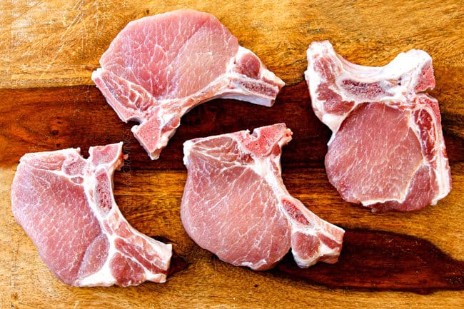 top view showing which pork chops to buy for pan seared pork chops with apples