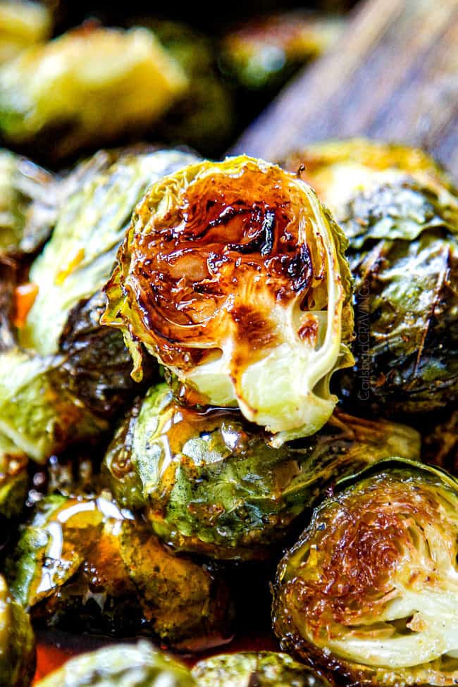 up close of Brussels Sprouts recipe on a pan drizzled with balsamic