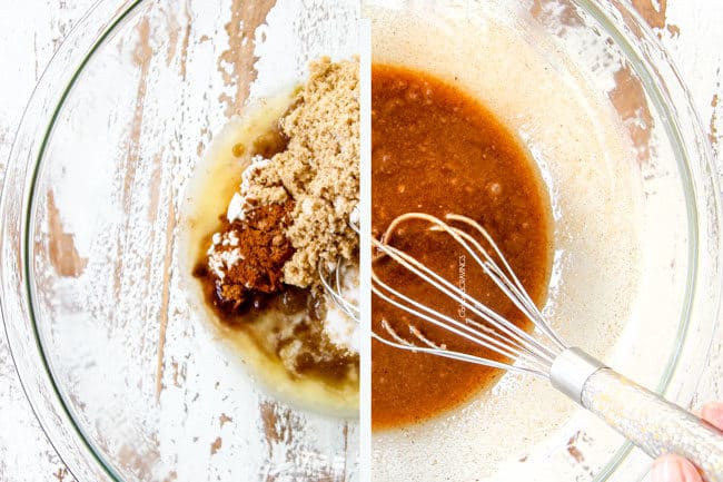 a collage showing how to make apple crisp by mixing brown sugar, melted butter, flour and cinnamon together to  make filling