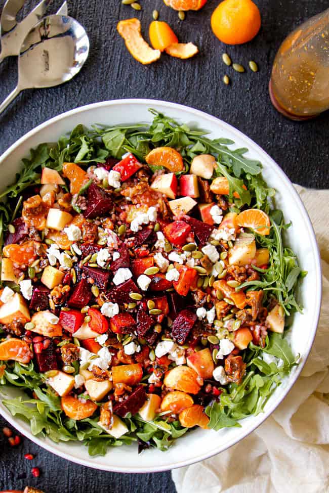 top view of beet goat cheese salad recipe with roasted beets