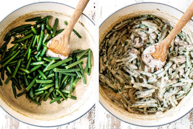 a collage showing how to make best green bean casserole by adding green beans to mushroom sauce and stirring until combined