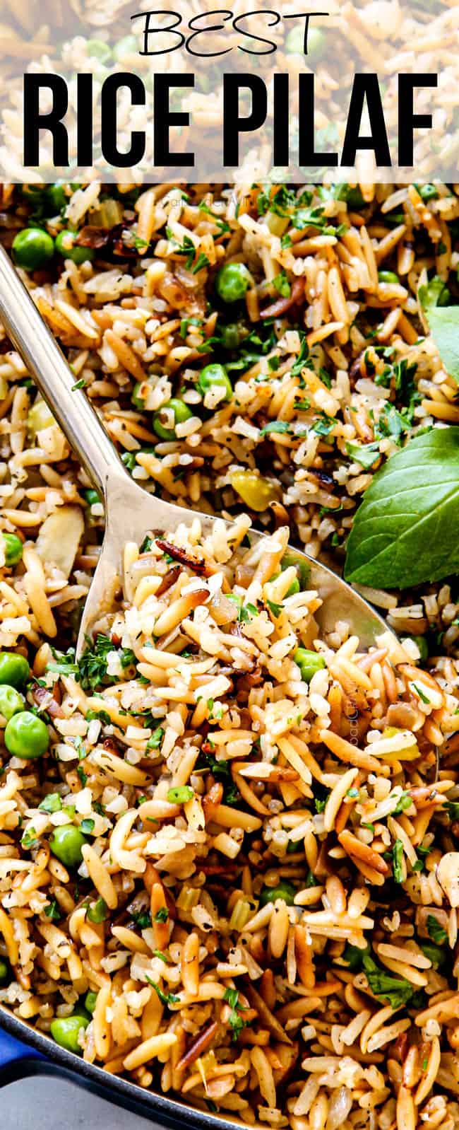 up close of a spoon serving easy rice pilaf with orzo and peas 