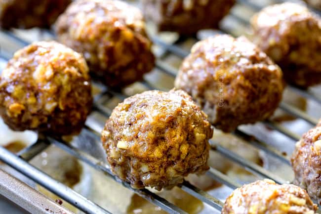 side view showing how to make easy cocktail meatballs by baking until golden