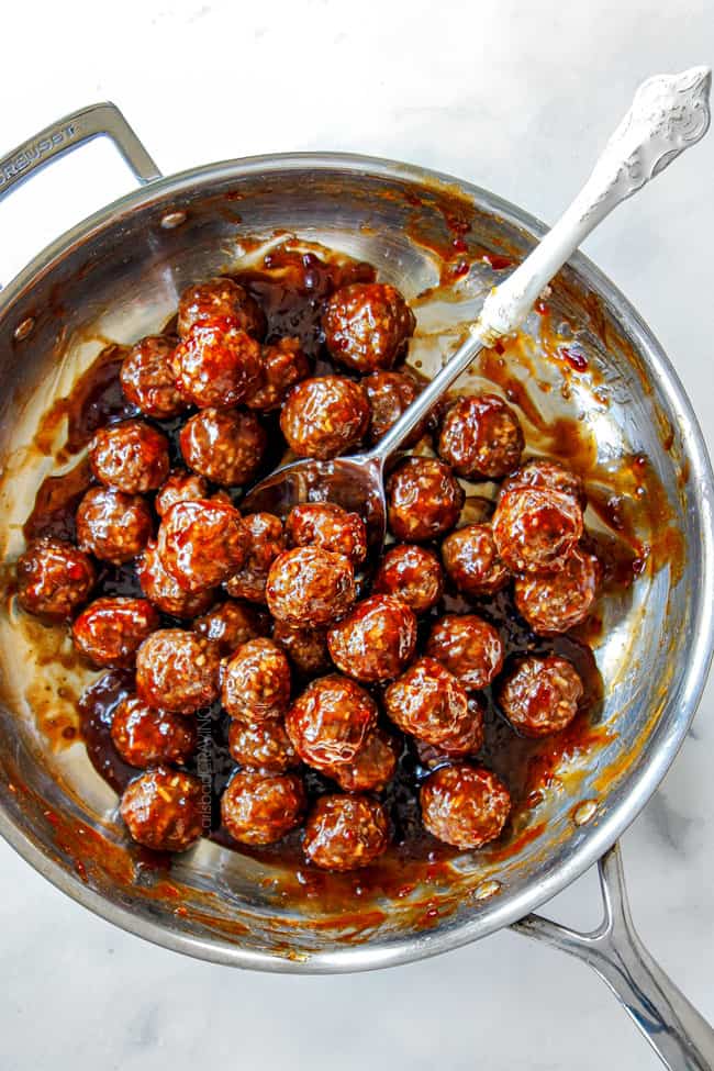top view of tossing cocktail meatballs with sweet and sour sauce