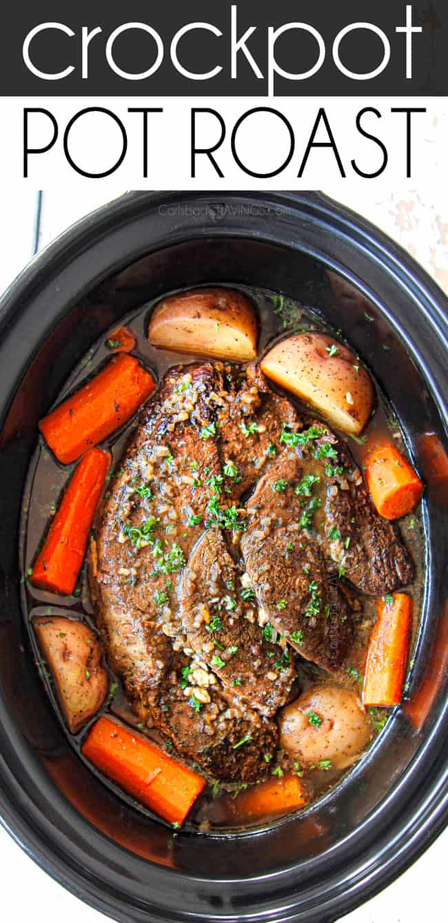top view of crockpot pot roast with carrots and potatoes