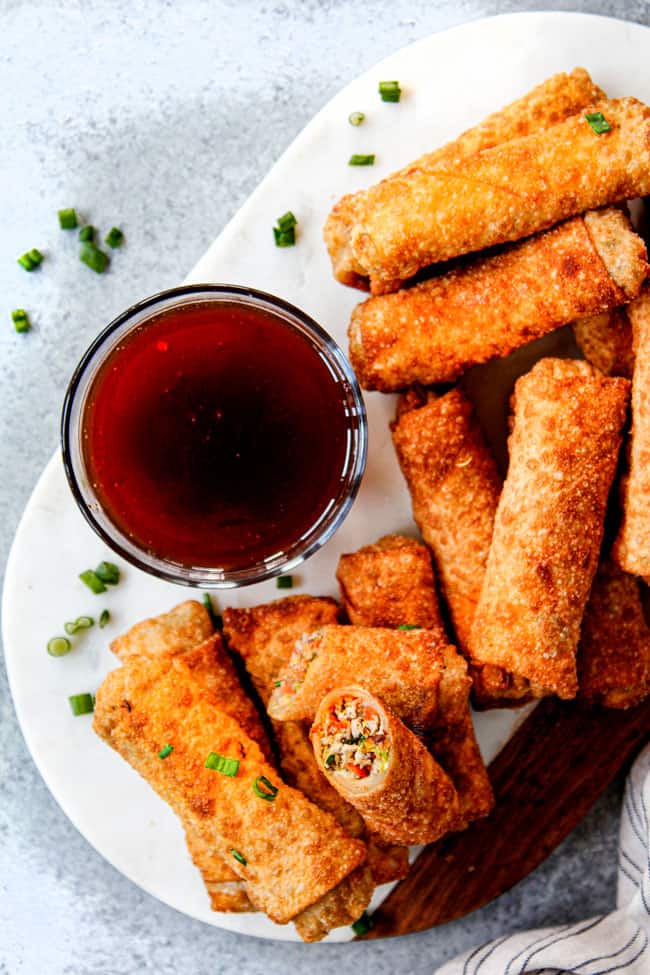 top view of a plate of easy egg rolls with dipping sauce
