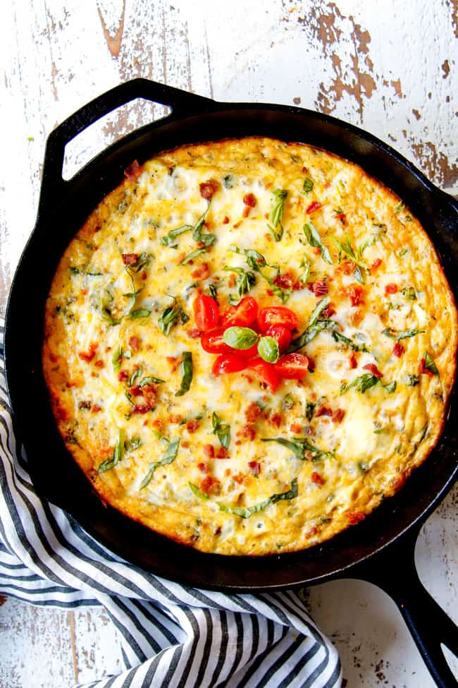 top view of frittata in a cast iron skillet showing how to know when frittata is done 