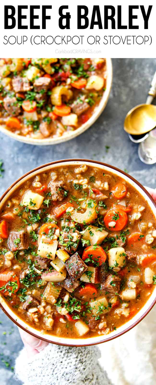 two hands holding a bowl of beef barley soup garnished with parsley