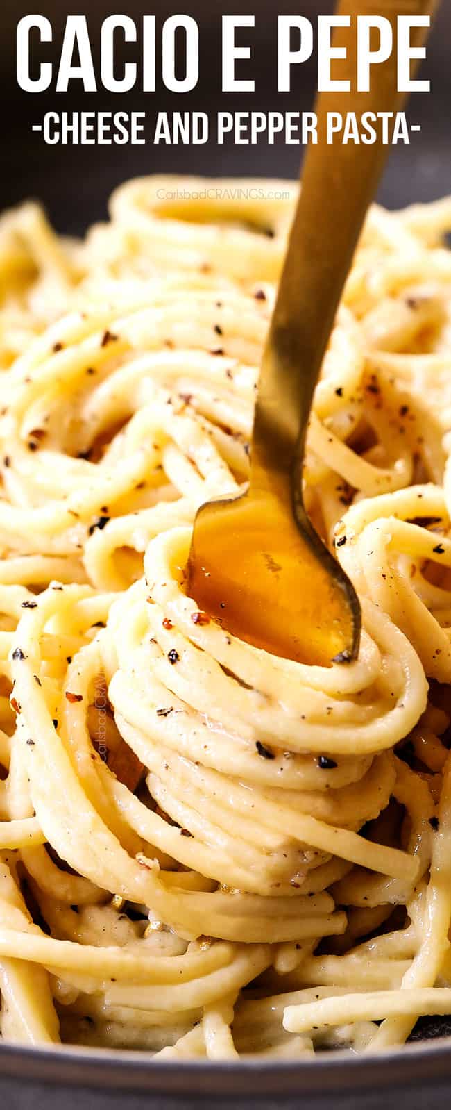 up close of  fork twirling spaghetti cacio e peppe