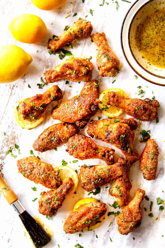 top view of showing how to serve baked lemon pepper wings by garnishing with parsley