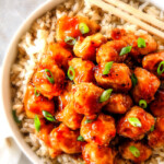 top view of a bowl of homemade orange chicken recipe