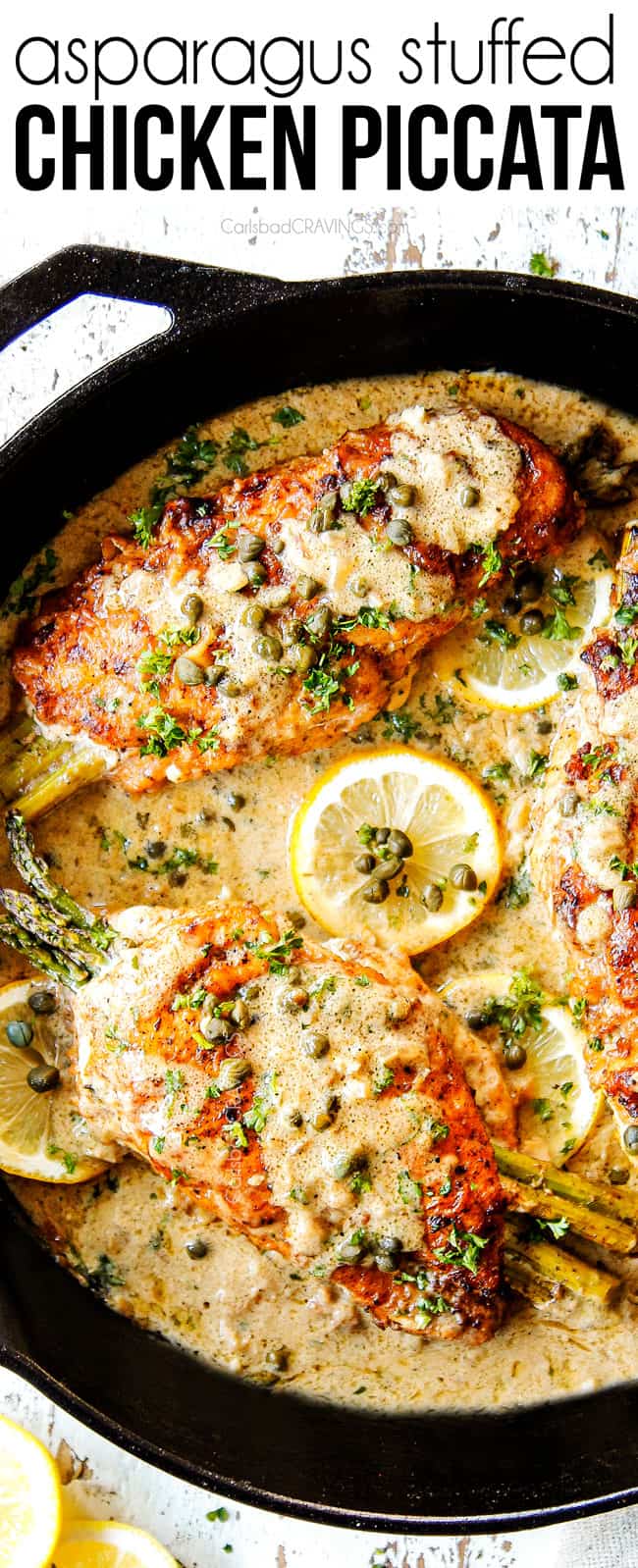 top view of easy Chicken Piccata recipe in a cast iron skillet