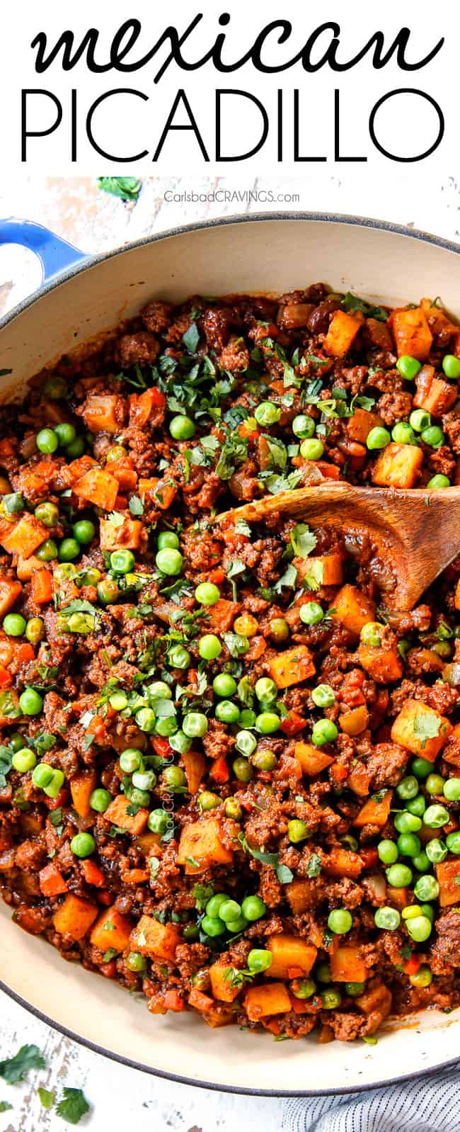 showing how to make Picadillo recipe by garnishing with fresh cilantro