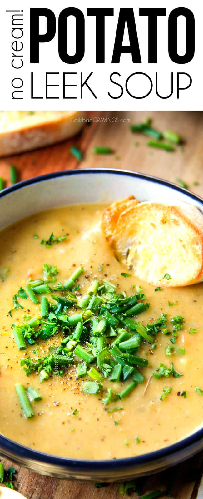 showing how creamy Potato Leek Soup recipe is with an up close photo of a bowl of soup 