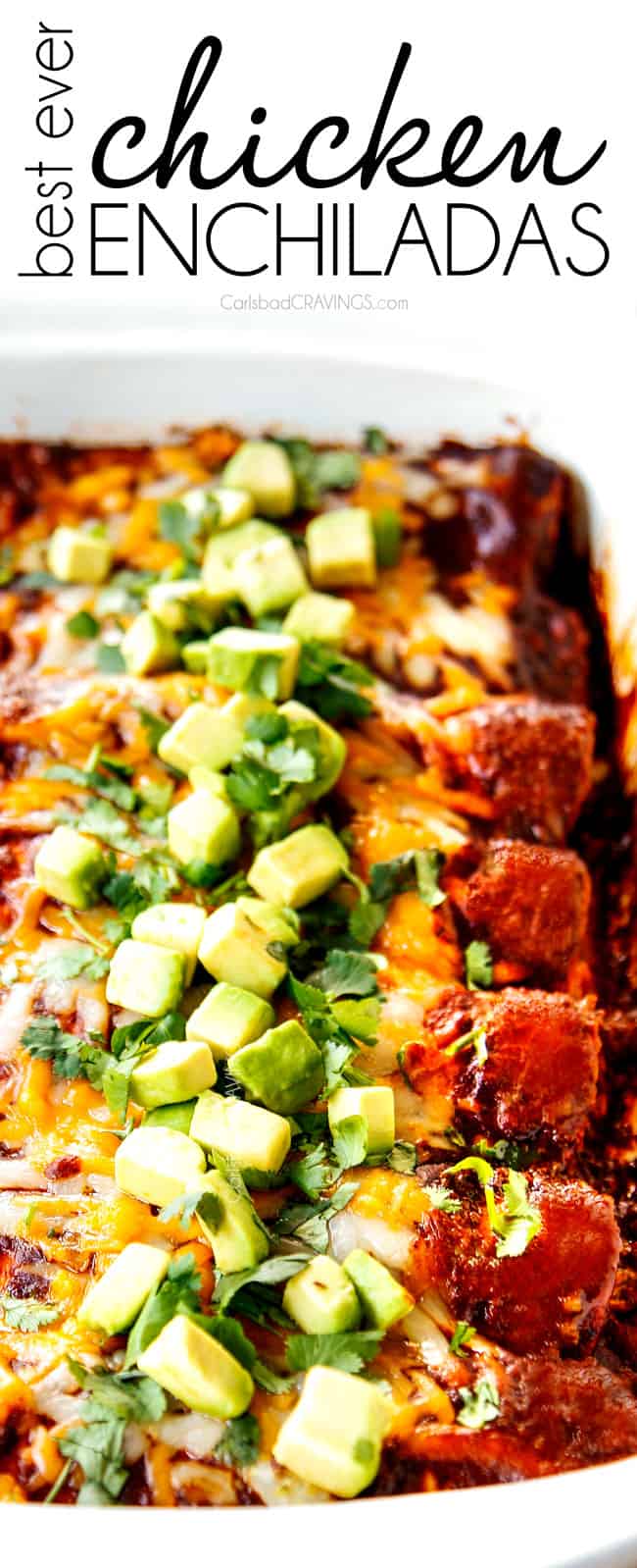 showing how to top best chicken enchilada recipe by adding chopped avocados and cilantro