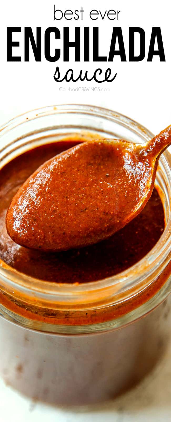 showing how to store homemade enchilada sauce by adding to a glass jar