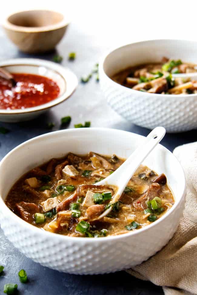 two bowls of easy Hot and Sour Soup with pork tenderloin, mushrooms, water chestnuts 