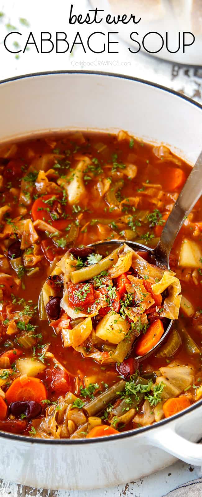 showing how to serve easy Cabbage Soup with an up close shot of a ladle with  soup